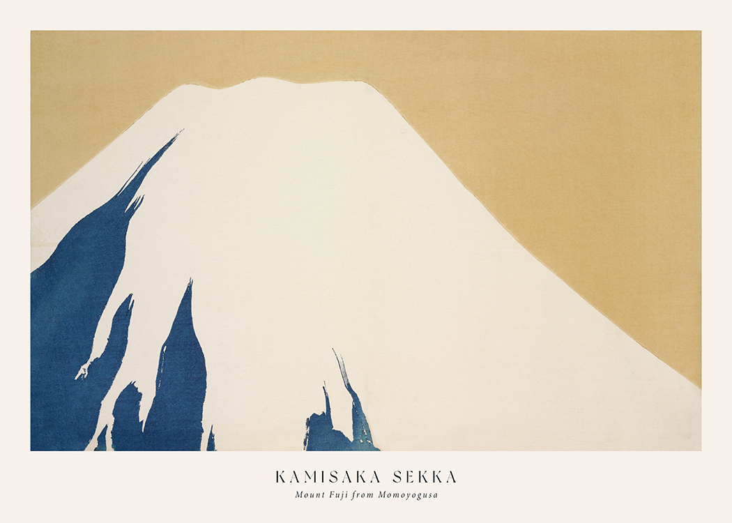 – Malerei mit einem Berg in Blau und Hellbeige auf einem gelben Hintergrund.