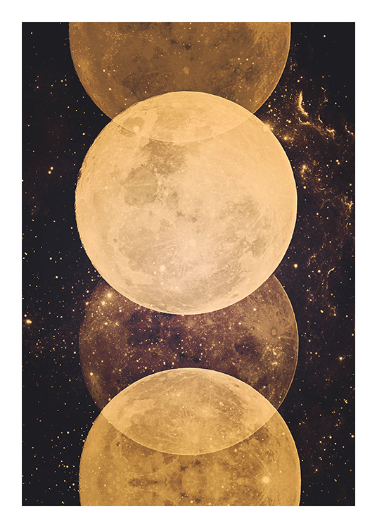 – Illustration, die Monde in einer Reihe in Gold umgeben von Funkeln zeigt, dahinter dunkler Hintergrund