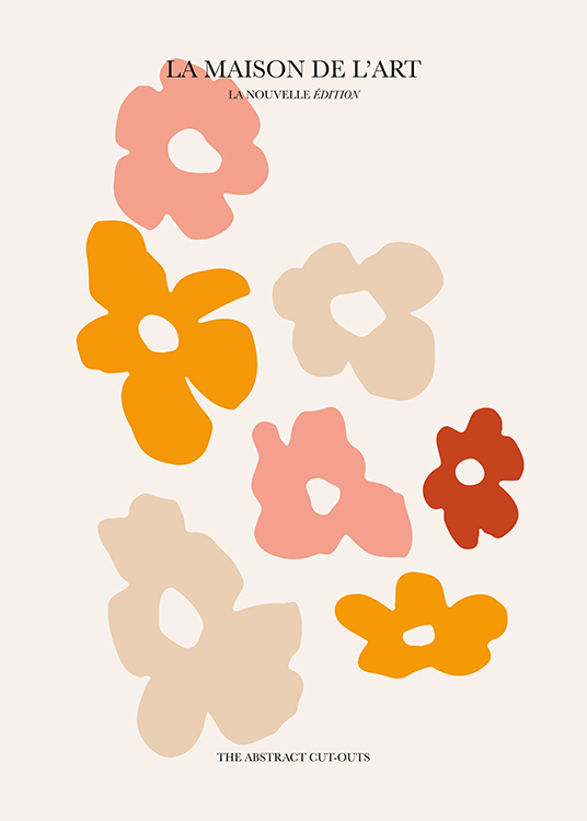 – Grafik mit ausgeschnittenen Blumen in Rosa, Orange und Beige auf einem beigen Hintergrund