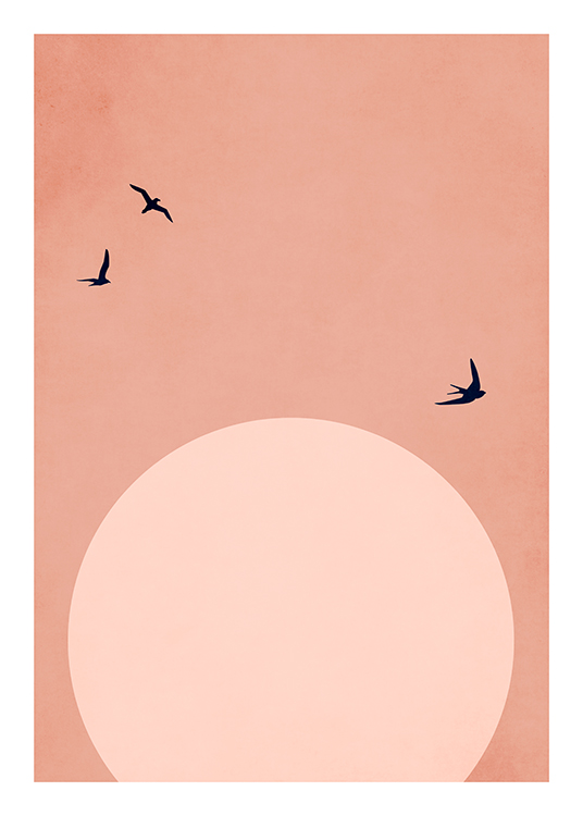 – Grafik mit fliegenden Vögeln vor einem hellrosa Mond und rosa Himmel