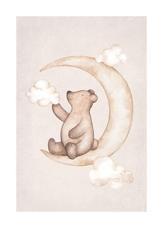 – Aquarell-Illustration mit einem lächelnden Bären, der auf einem Mond sitzt und von Wolken umgeben ist