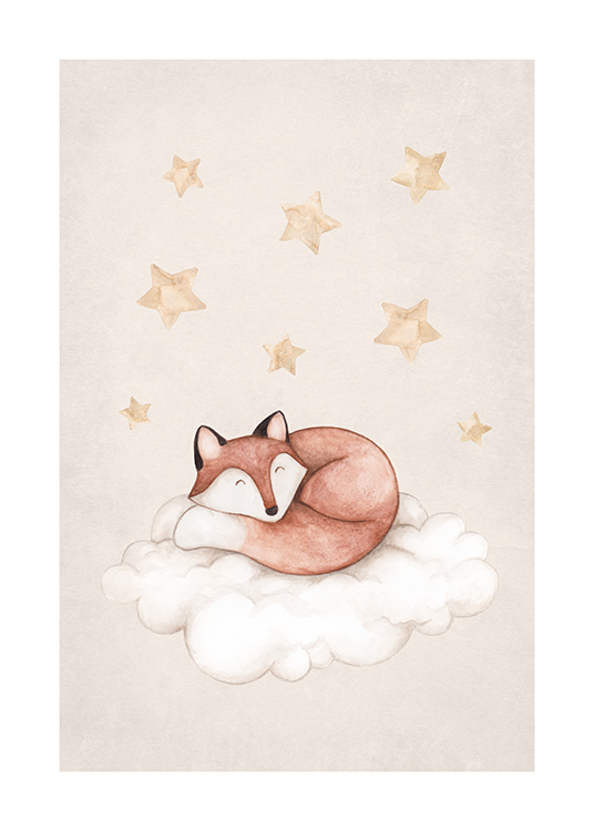 – Aquarell-Illustration eines schlafenden Fuchses, der auf einer Wolke liegt, darüber Sterne