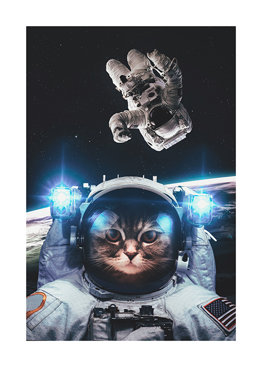 – Illustration, die eine Katze als Raumfahrerin zeigt, dahinter die Erde und ein Astronaut