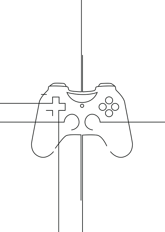 – Illustration eines Gamecontrollers in schwarzen Linien auf weißem Hintergrund