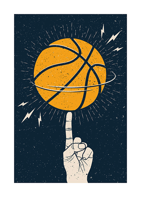 – Illustration eines orangefarbenen Basketballs, der auf dem Zeigefinger einer Hand balanciert