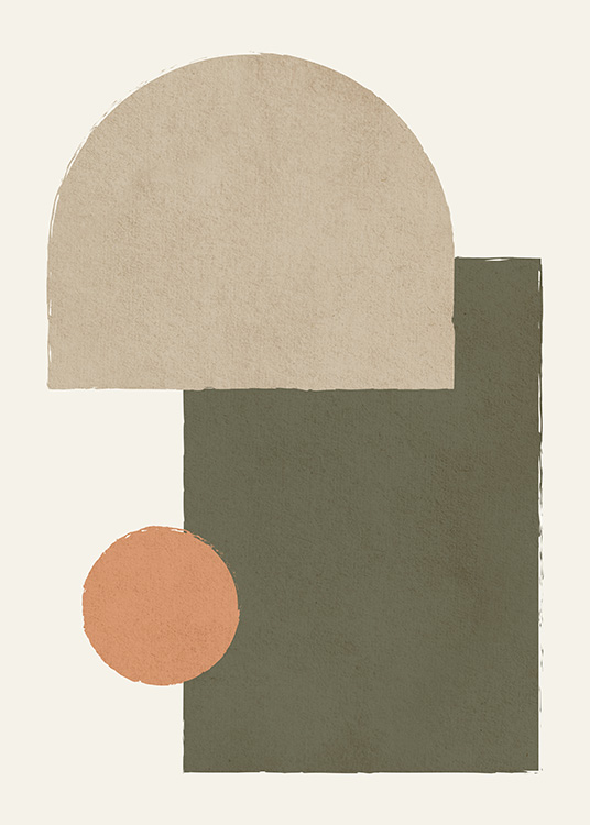 – Cooles, modernes Poster mit erdigen, geometrischen Figuren in Beige, Grün und Orange
