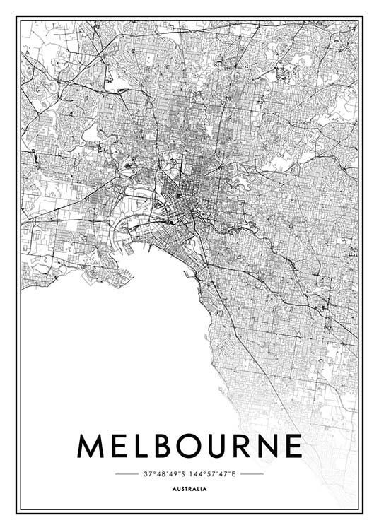  - Stadtplan von Melbourne und Umgebung in schwarzweiß