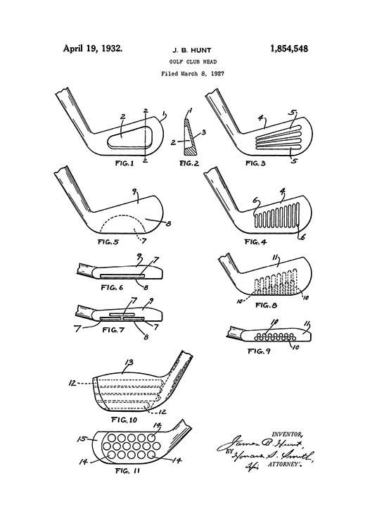  - Schwarzweißes Zeichnungsposter mit dem Patent verschiedener Golfschläger.