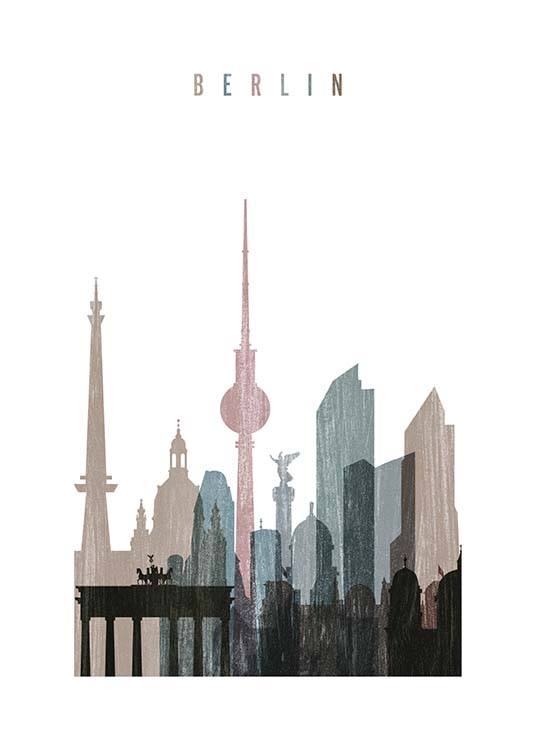  - Moderne Zeichnung der Berliner Skyline samt Wahrzeichen wie dem Brandenburger Tor und dem Alex.