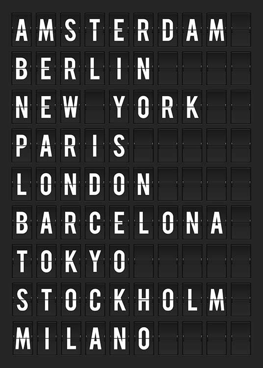  - Textposter in Form einer Anzeigetafel am Flughafen mit den Städten, die man im Leben gesehen haben sollte.