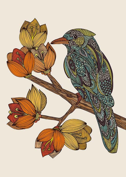 - Schöne Illustration eines wunderbar gefiederten Vogels auf einem Zweig mit schönen Blüten.