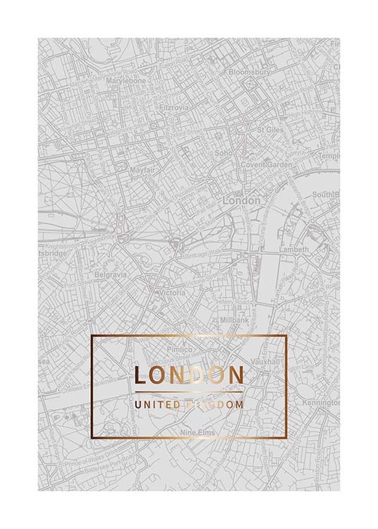  – Karte von London in Grau mit einem goldenen Text in einer goldenen Umrahmung am unteren Rand