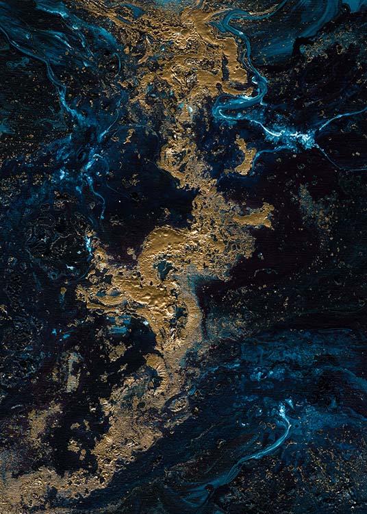  – Abstrakte Ölmalerei mit blauen und goldenen Wirbeln