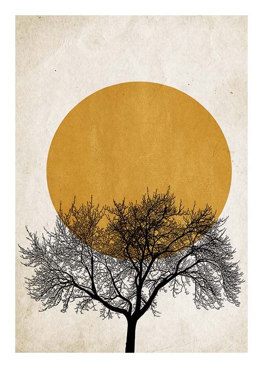  – Grafische Illustration mit einem schwarzen Baum vor einer dunkelgelben Sonne und einem beigen Hintergrund