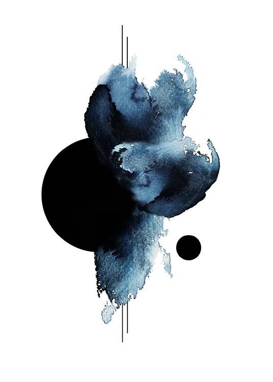  – Aquarellmalerei mit abstrakten Formen in Schwarz und Blau auf weißem Hintergrund