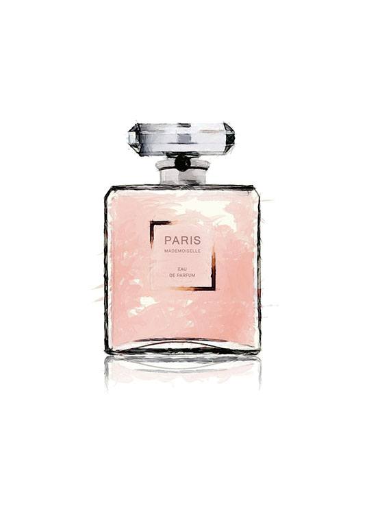  – Rosa Aquarell-Illustration von einer Chanel-Parfümflasche, auf der das Wort PARIS steht