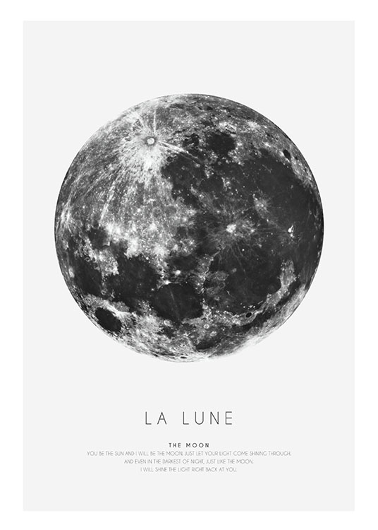  – Schwarz-Weiß-Grafikposter mit einem Mond in Schwarz-weiß und Text darunter