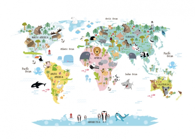  – Weltkarte mit Kontinenten und passenden Tieren als Illustration