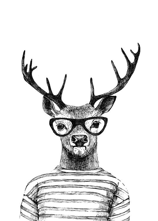 Deer With Glasses, Poster  / Schwarz-Weiß bei Desenio AB (8181)