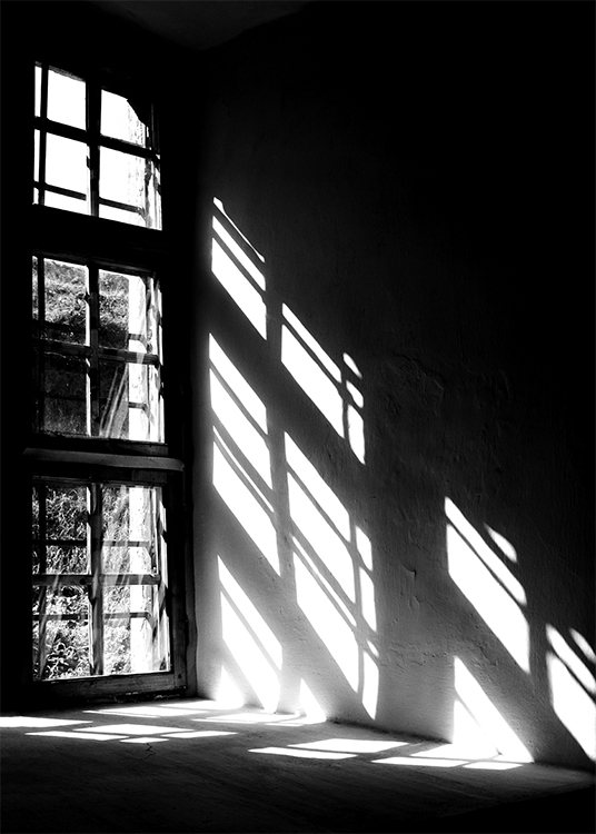  – Schwarz-weiß-Fotografie mit den Schatten eines Fensters auf einer Wand