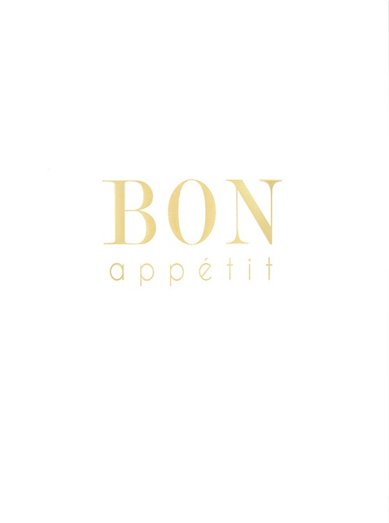  – Küchenposter mit dem Text „Bon Appetit“ in Goldfolie auf einem weißen Hintergrund