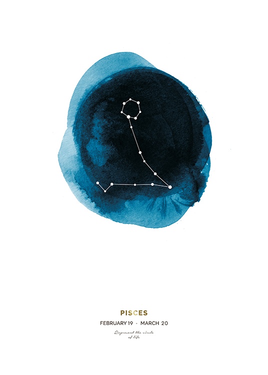  – Aquarell-Illustration mit dem Sternzeichen Fische und den Daten darunter