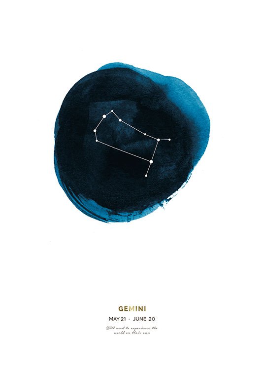  – Sternzeichen-Poster mit dem Sternzeichen Zwillinge auf einem blauen Kreis mit Text darunter