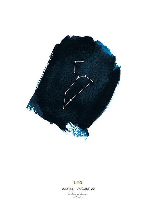  – Sternzeichen Löwe auf einem blauen Kreis in Aquarell gemalt mit Text darunter