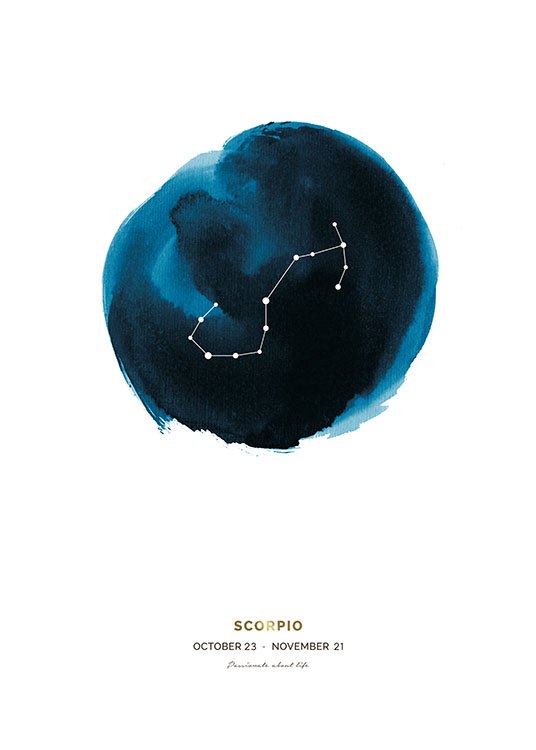  – Sternzeichen Skorpion mit einem blauen Kreis dahinter und Text am unteren Rand