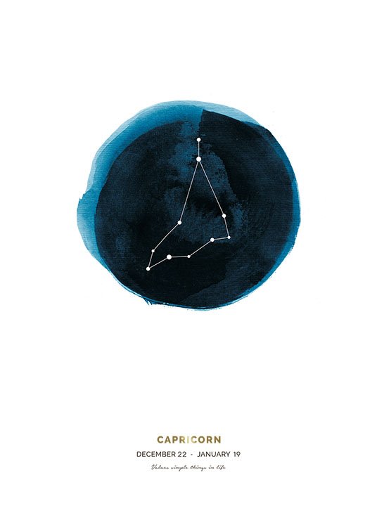  – Sternzeichen-Poster mit dem Sternzeichen Steinbock auf einem blauen Kreis mit Text darunter