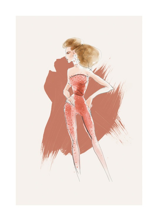  – Zeichnung einer Frau in einem roten, perlenbesetzten Overall vor einem beigen Hintergrund mit roten Pinselstrichen