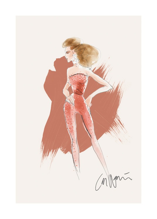  – Zeichnung einer Frau in einem roten, perlenbesetzten Overall, die sich von einem beigen Hintergrund mit roten Pinselstrichen abhebt