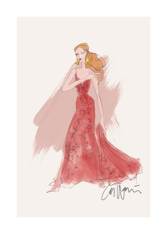  – Zeichnung einer Frau, die ein langes Kleid und rote und gelbe Ohrringe trägt und sich von einem beigen und rosa Hintergrund abhebt