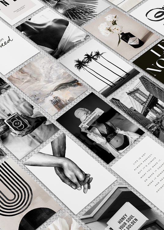 – Collage-set mit 20 Postern in klassischem Schwarz-Weiß im A5-Format