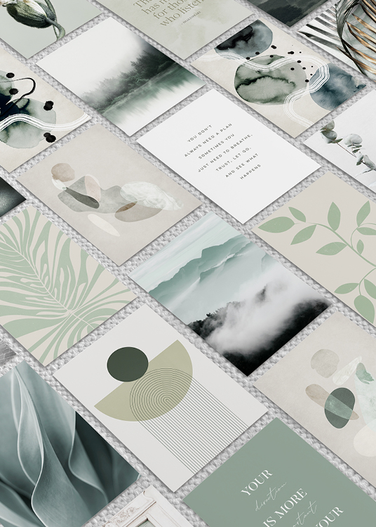 – Collage-set mit 20 Postern in Grün und Blau im A5-Format