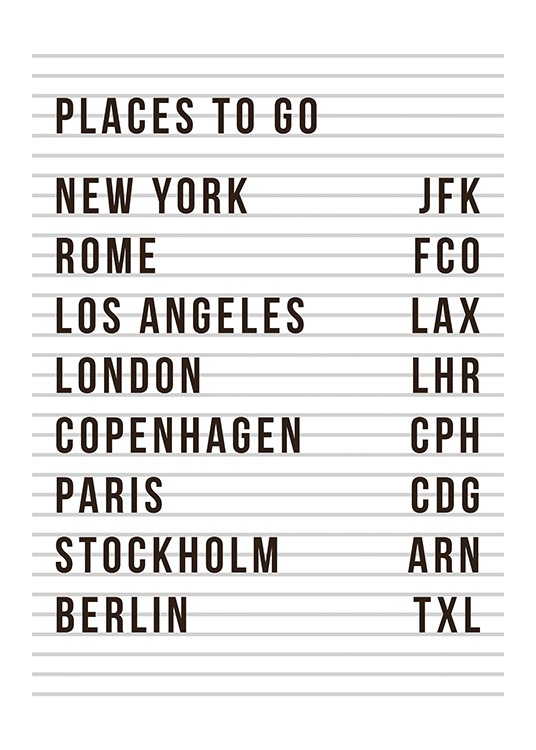  - Textposter mit einer Abflugtafel und einer Liste von Städten und Flughäfen zum Personalisieren