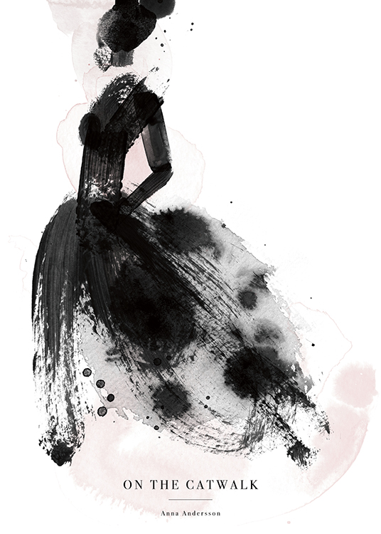  – Aquarell-Illustration einer Frau in einem schwarzen Kleid mit rosa Farbspritzern, darunter Text