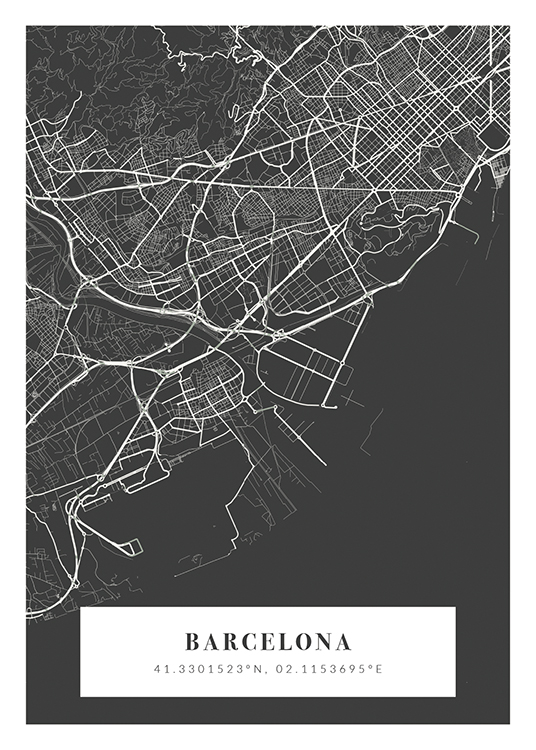  – Grau-weißer Stadtplan mit dem Namen der Stadt und Koordinaten am unteren Rand