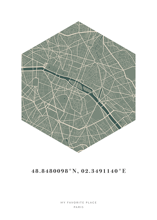  – Sechseckiger Stadtplan in Beige und Grün mit Koordinaten und Text darunter