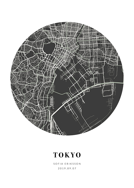  – Stadtplan in Schwarz-weiß in Form eines Kreises mit Text am unteren Rand