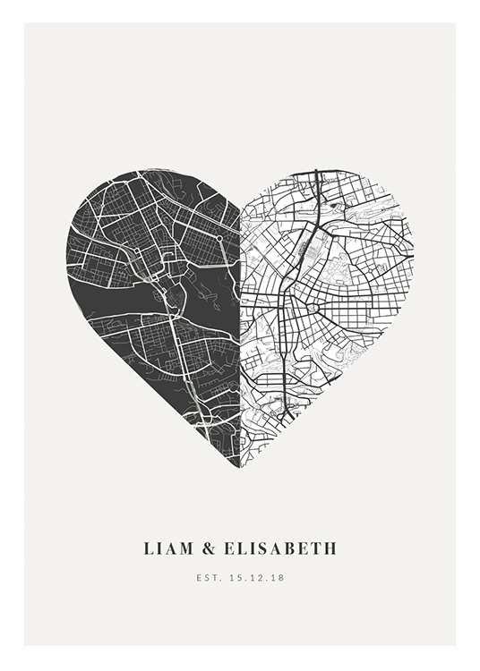  – Herzförmiger Stadtplan in Schwarz-weiß auf hellgrauem Hintergrund mit Text am unteren Rand
