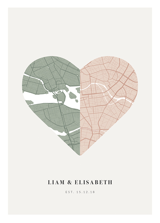  – Herzförmiger Stadtplan in Grün und Rosa auf hellgrauem Hintergrund mit Text am unteren Rand