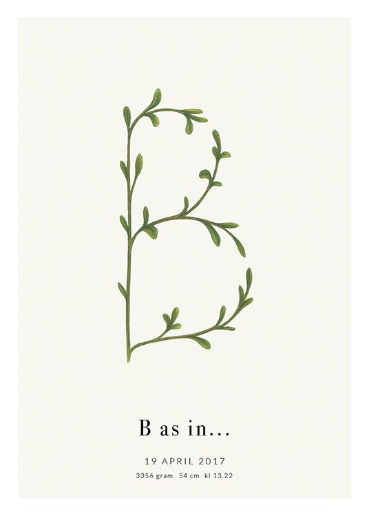  – Buchstabe B gezeichnet als grüne Pflanze mit Text am unteren Rand