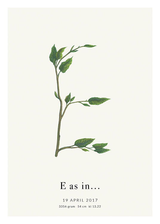  – Buchstabe E aus grünen Blättern mit Text am unteren Rand