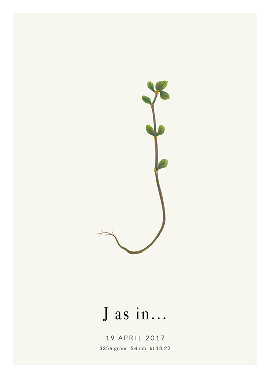  – Buchstabe J, geformt aus einer kleinen Pflanze, mit Text am unteren Rand