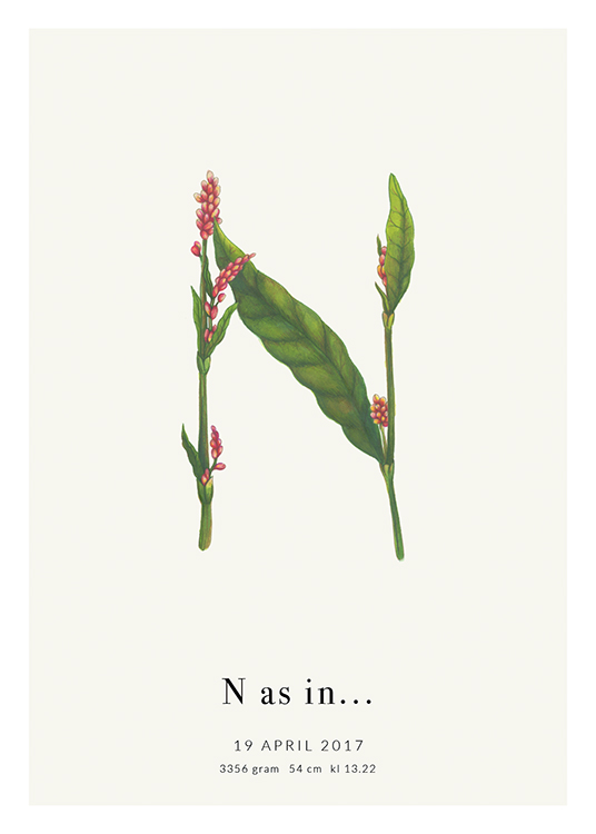  – Buchstabe N aus roten Blüten und grünen Blättern mit Text am unteren Rand