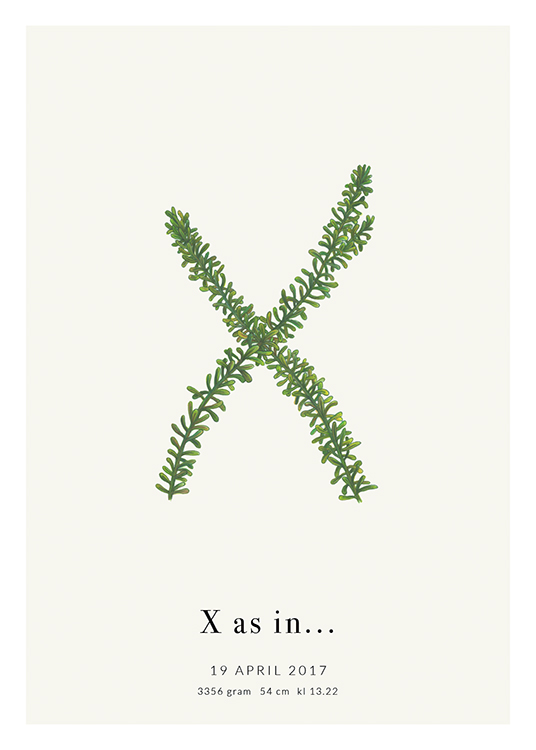  – Buchstabe X aus Blättern mit Text am unteren Rand