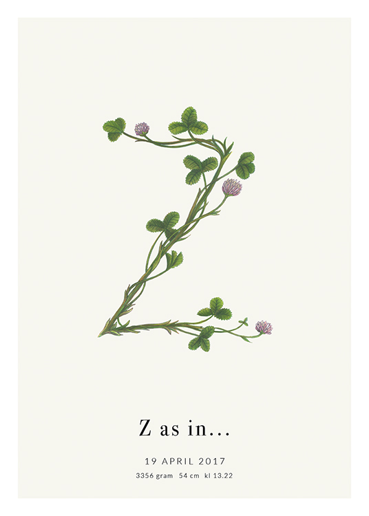  – Buchstabe Z, geformt aus einer Pflanze, mit Text am unteren Rand