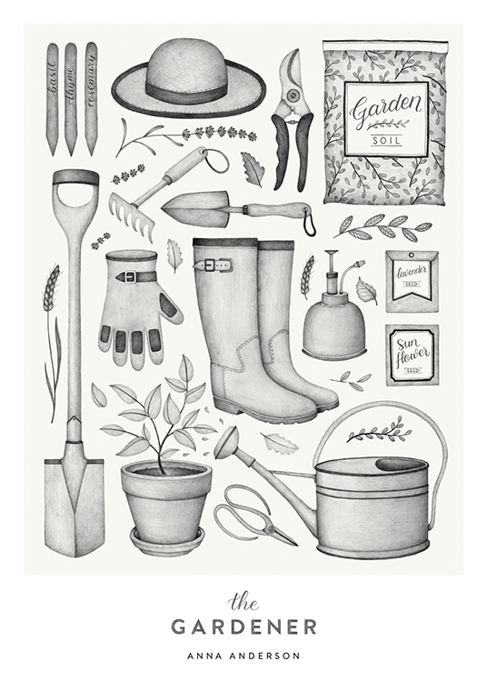  – Gartenwerkzeuge in Grau gezeichnet mit Text darunter