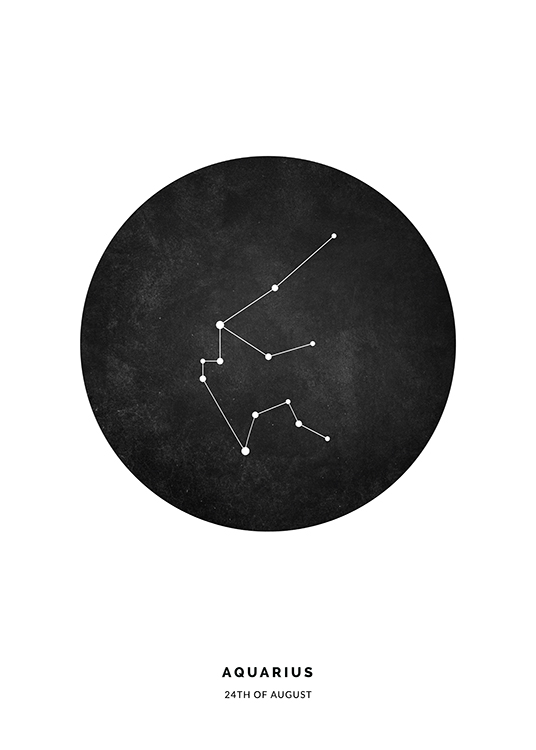  – Illustration mit dem Sternzeichen Wassermann in einem schwarzen Kreis vor einem weißen Hintergrund